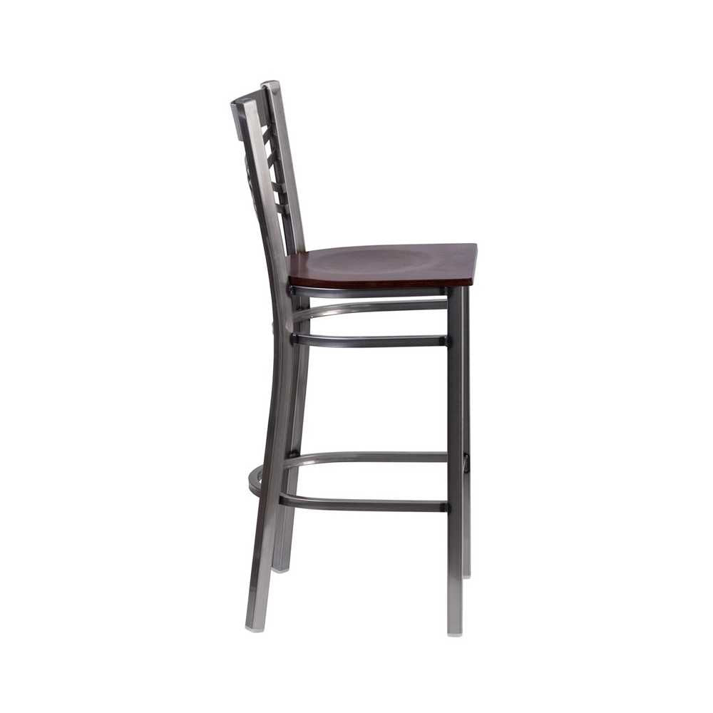 Clear Coated ''X'' Back Metal Restaurant Barstool - Walnut Wood Seat