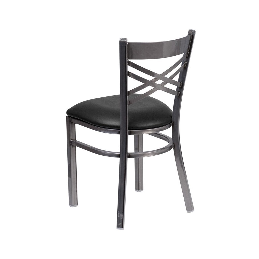 Clear Coated ''X'' Back Metal Restaurant Chair - Black Vinyl Seat