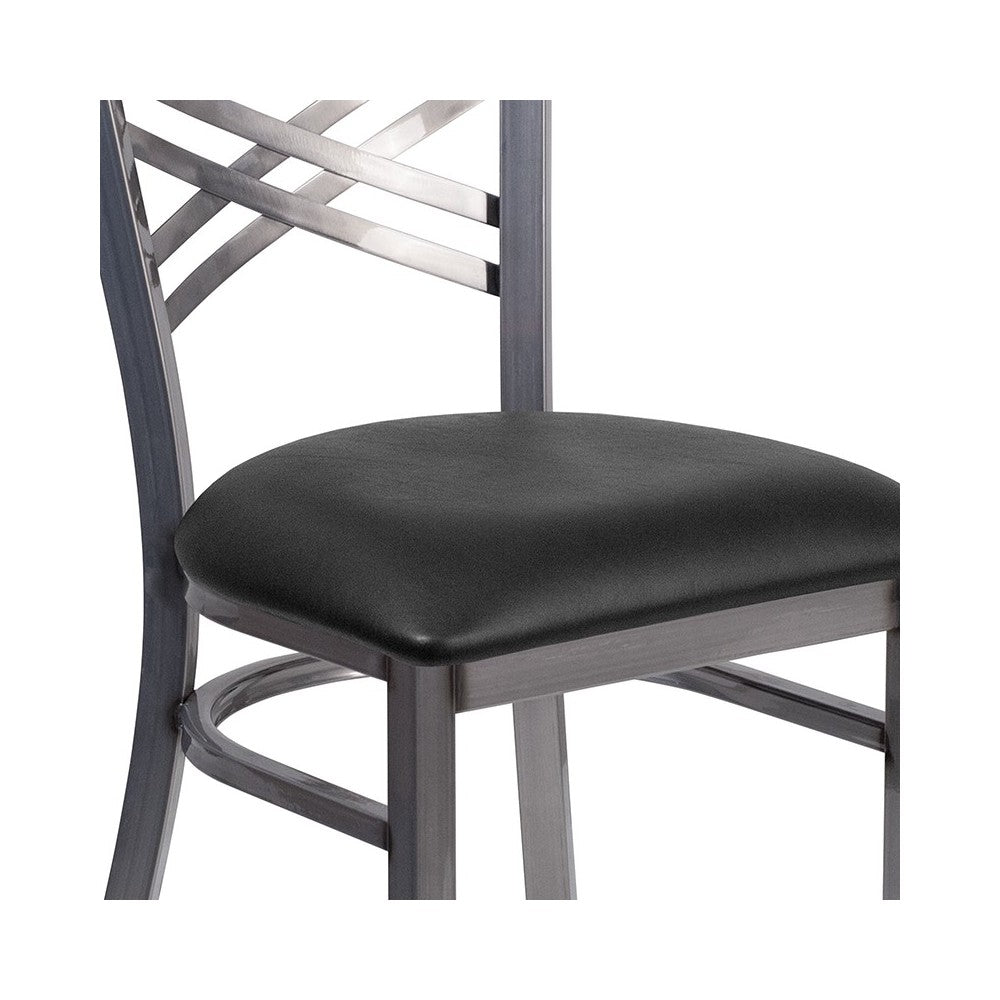 Clear Coated ''X'' Back Metal Restaurant Chair - Black Vinyl Seat
