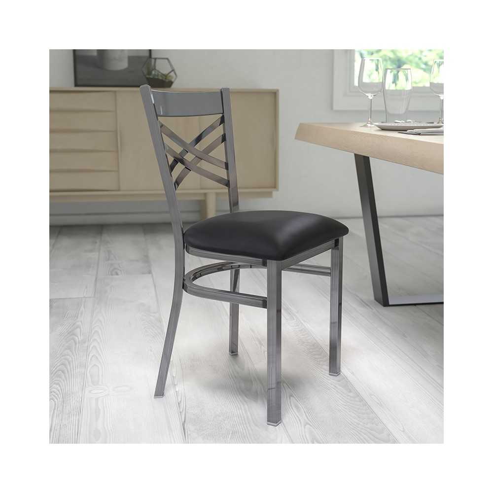 Clear Coated ''X'' Back Metal Restaurant Chair - Black Vinyl Seat