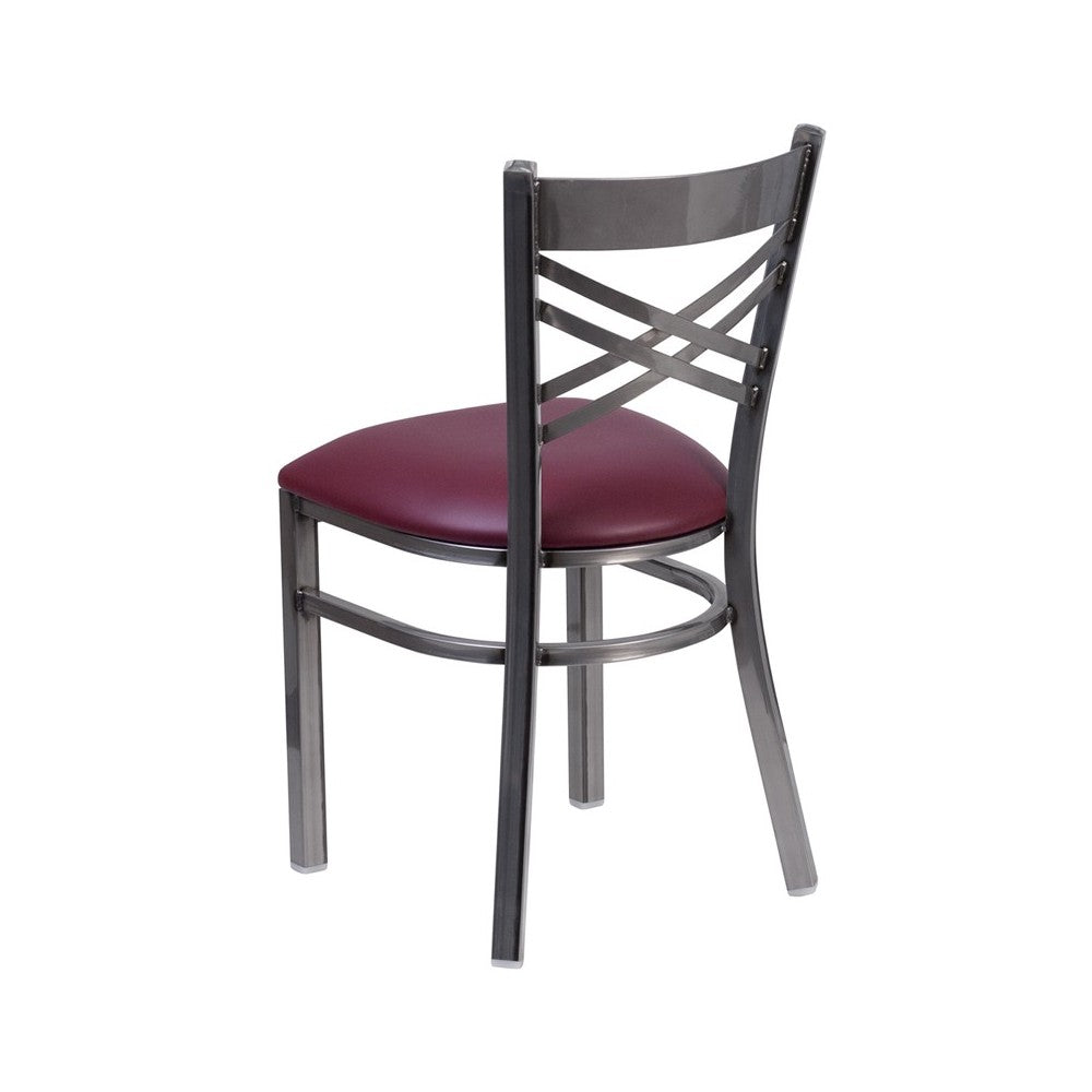 Clear Coated ''X'' Back Metal Restaurant Chair - Burgundy Vinyl Seat