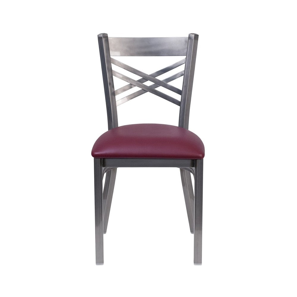 Clear Coated ''X'' Back Metal Restaurant Chair - Burgundy Vinyl Seat