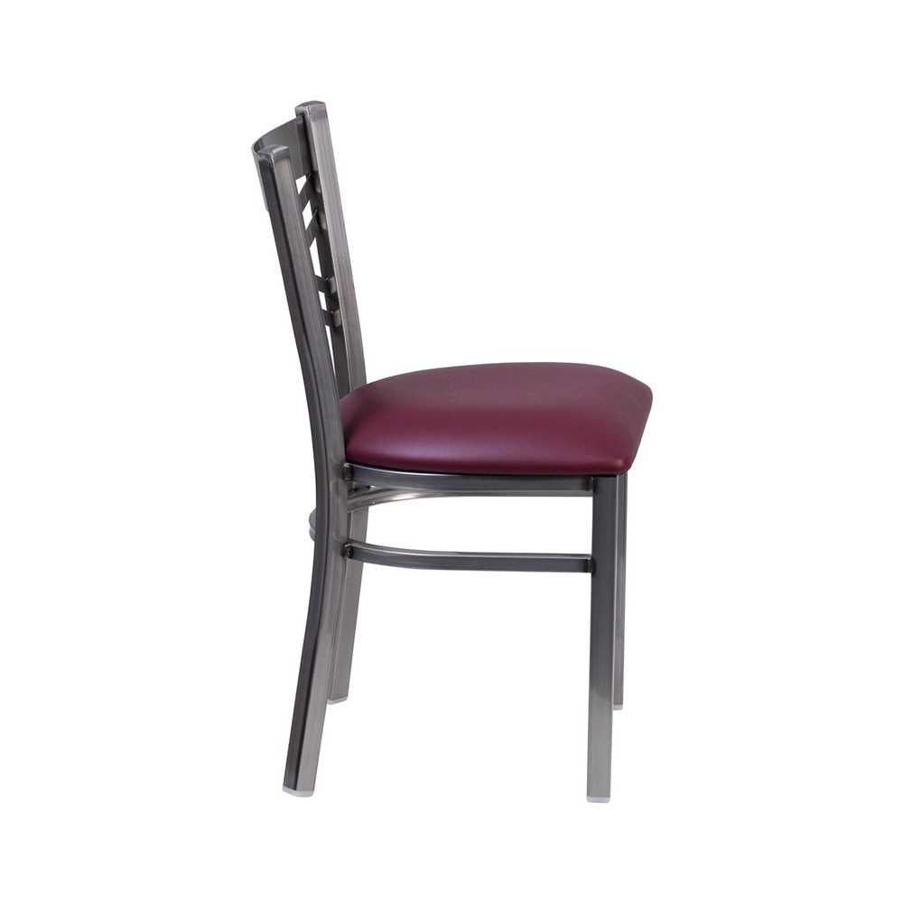 Clear Coated ''X'' Back Metal Restaurant Chair - Burgundy Vinyl Seat