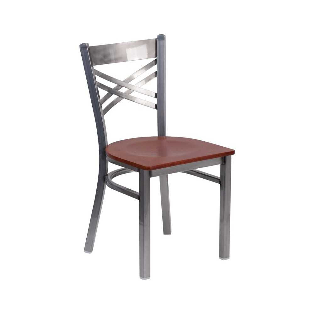 Clear Coated ''X'' Back Metal Restaurant Chair - Cherry Wood Seat