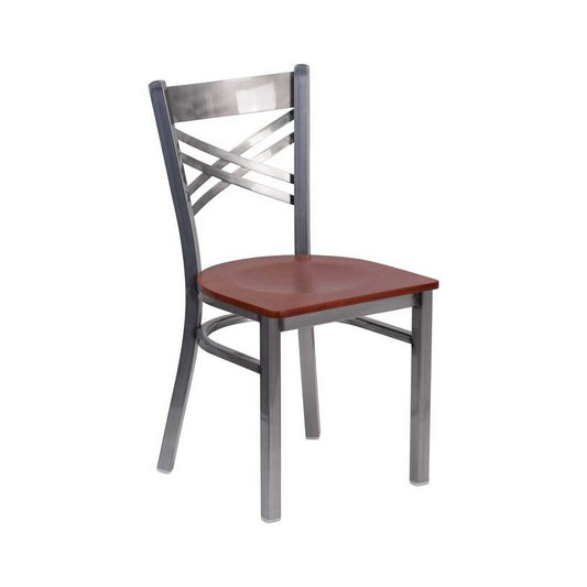 Clear Coated ''X'' Back Metal Restaurant Chair - Cherry Wood Seat