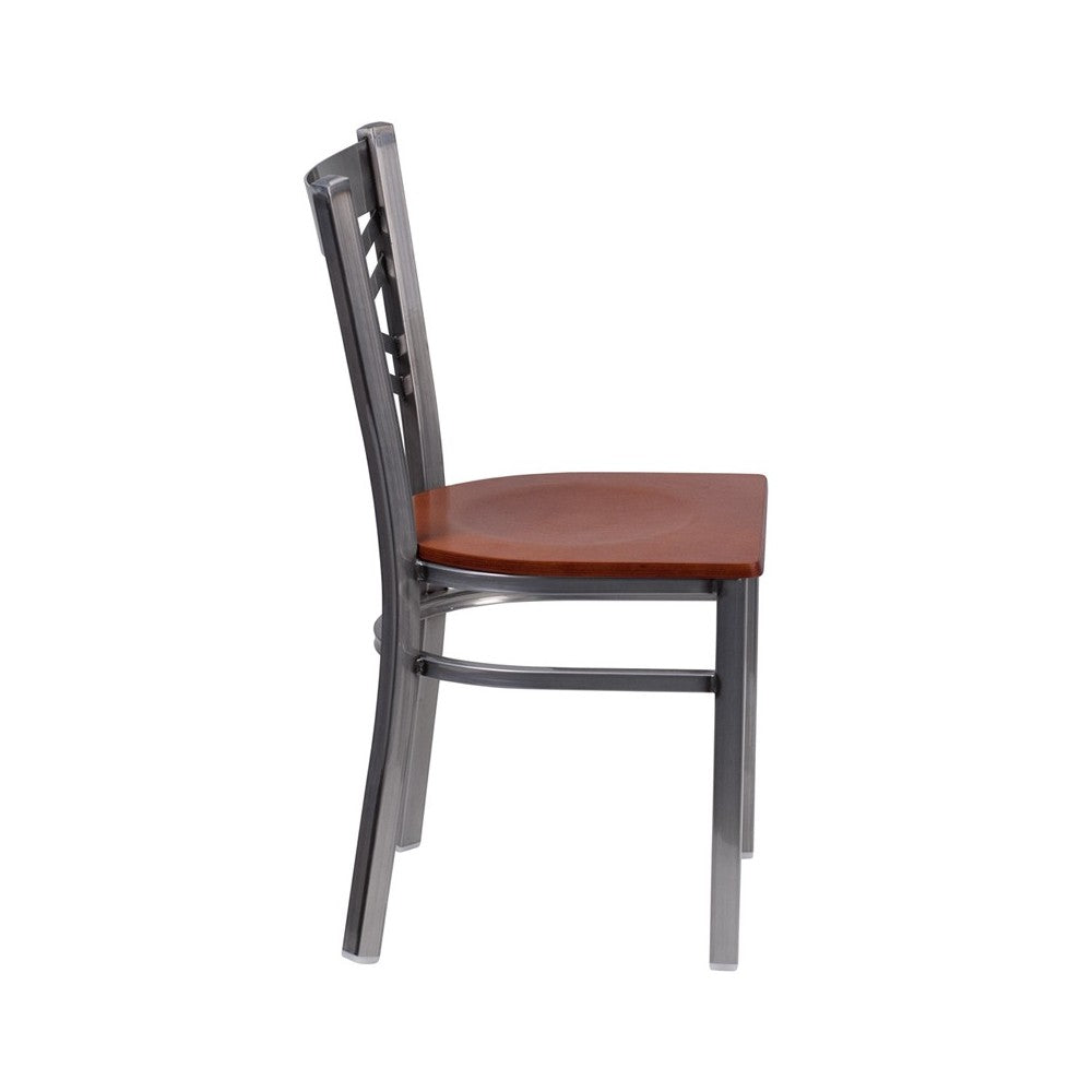 Clear Coated ''X'' Back Metal Restaurant Chair - Cherry Wood Seat