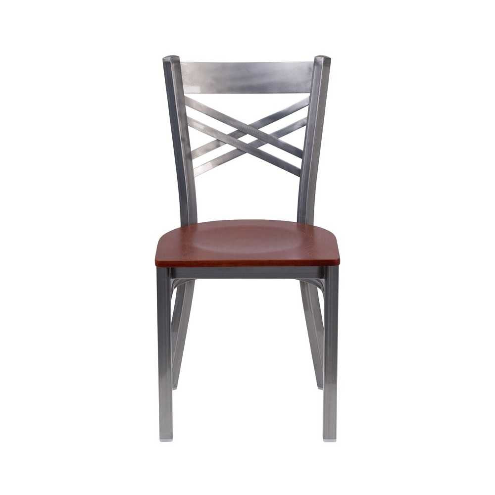 Clear Coated ''X'' Back Metal Restaurant Chair - Cherry Wood Seat