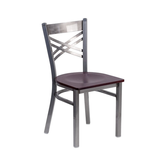 Clear Coated ''X'' Back Metal Restaurant Chair - Mahogany Wood Seat