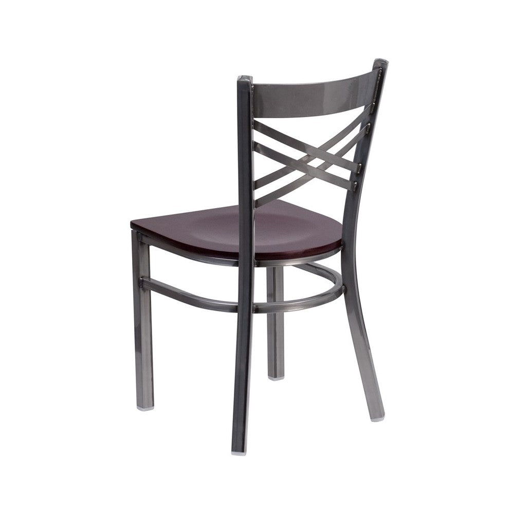 Clear Coated ''X'' Back Metal Restaurant Chair - Mahogany Wood Seat