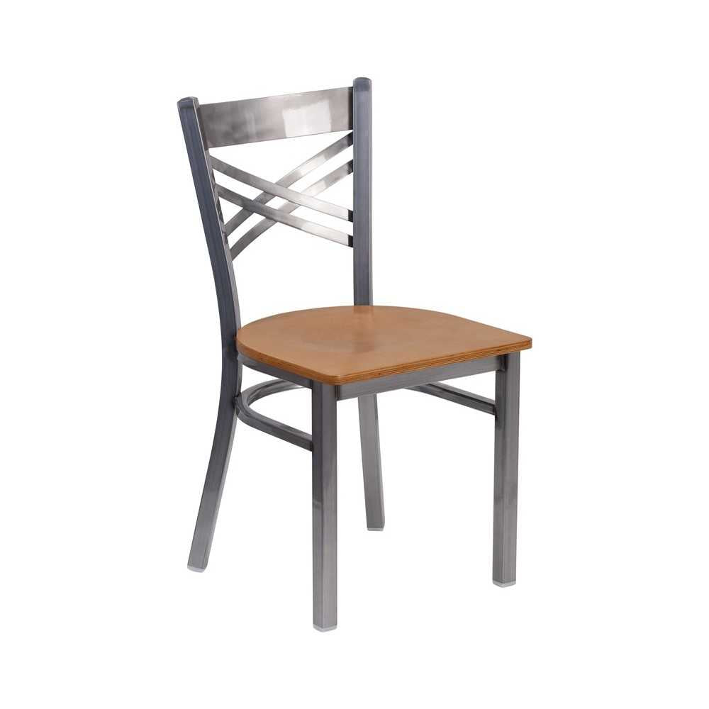 Clear Coated ''X'' Back Metal Restaurant Chair - Natural Wood Seat