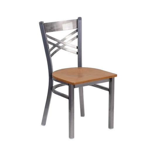 Clear Coated ''X'' Back Metal Restaurant Chair - Natural Wood Seat