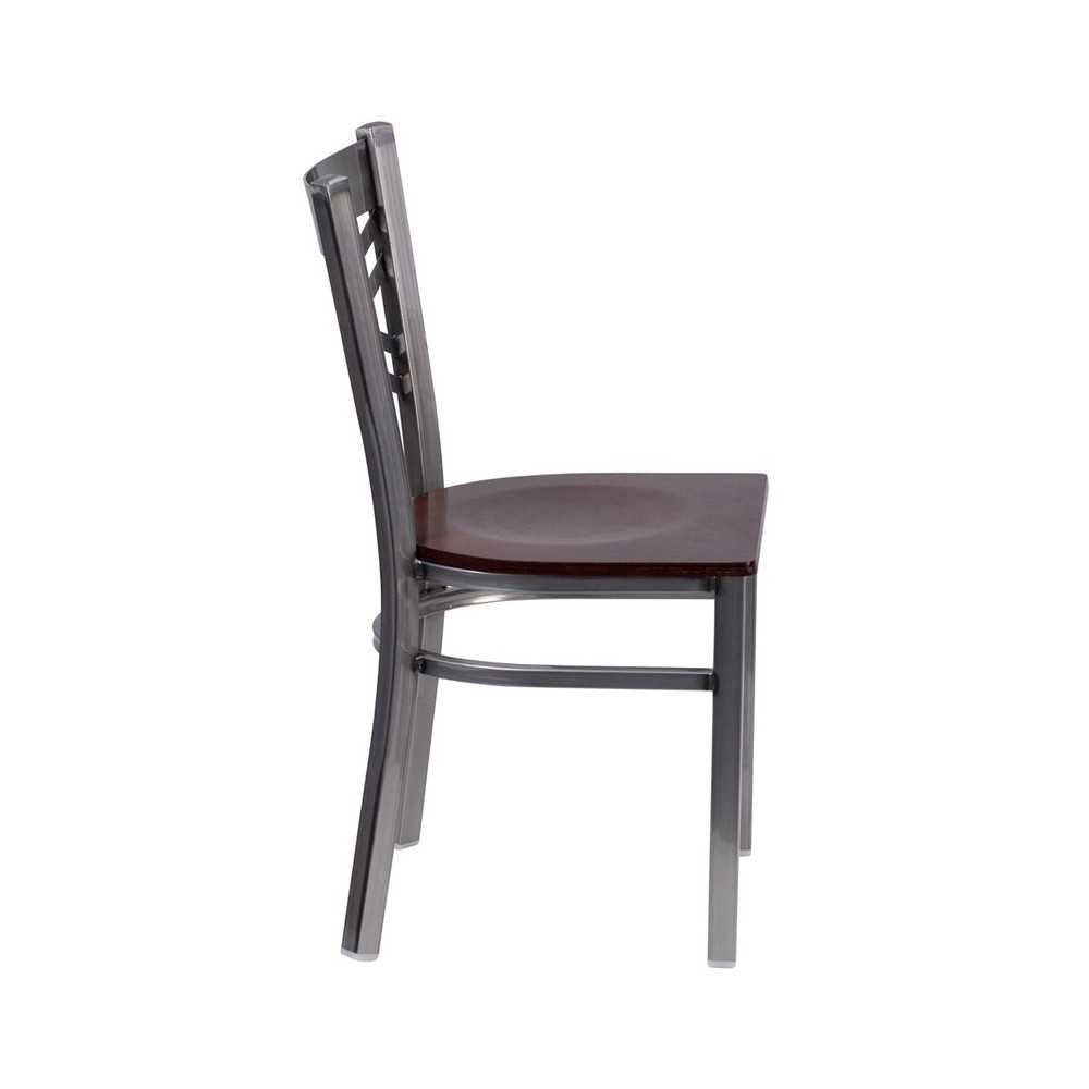 Clear Coated ''X'' Back Metal Restaurant Chair - Walnut Wood Seat