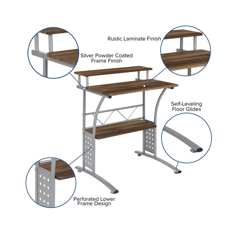 Clifton Rustic Walnut Computer Desk with Top and Lower Storage Shelves