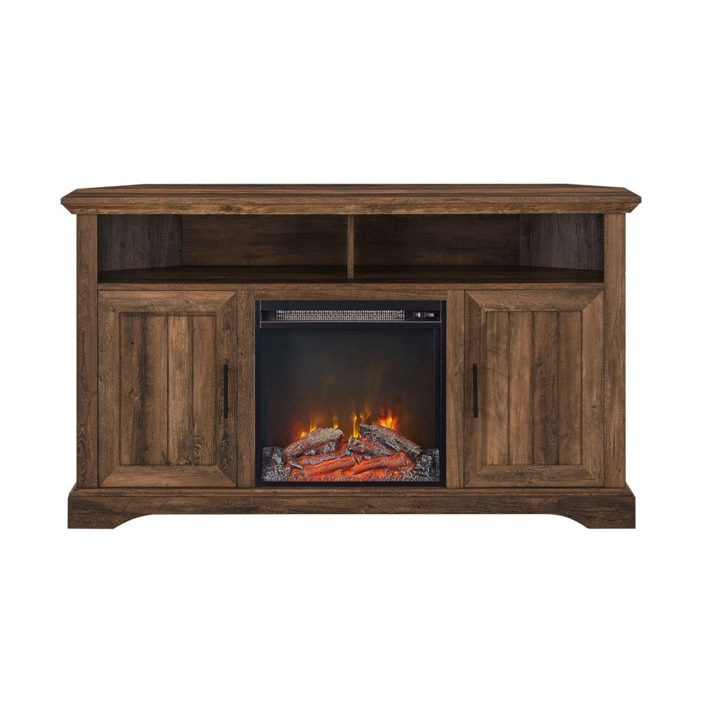 Coastal Grooved Door Fireplace Corner TV Stand for TVs up to 60" - Rustic Oak