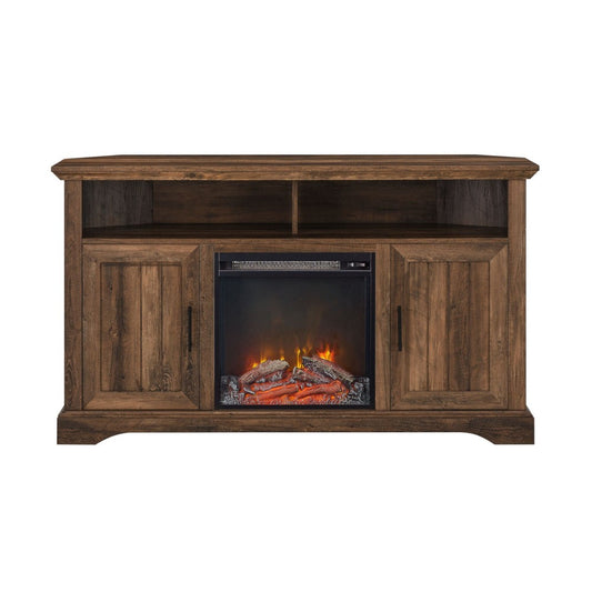 Coastal Grooved Door Fireplace Corner TV Stand for TVs up to 60" - Rustic Oak