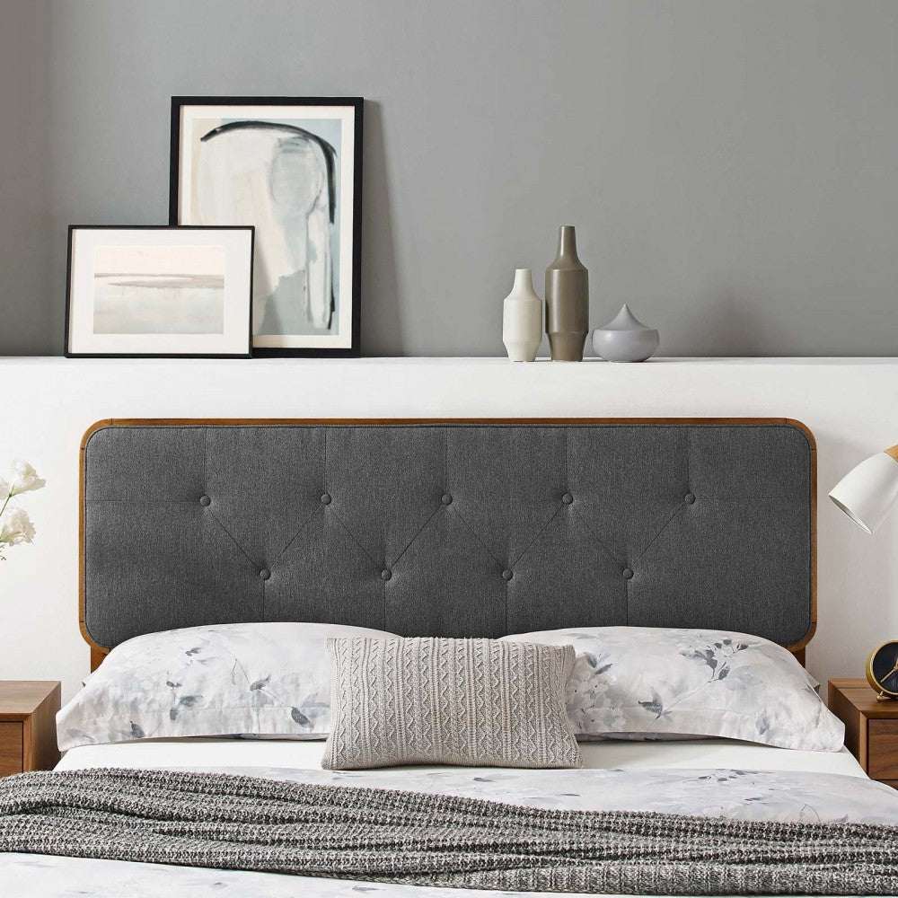 Collins Tufted Full Fabric and Wood Headboard, Walnut Charcoal