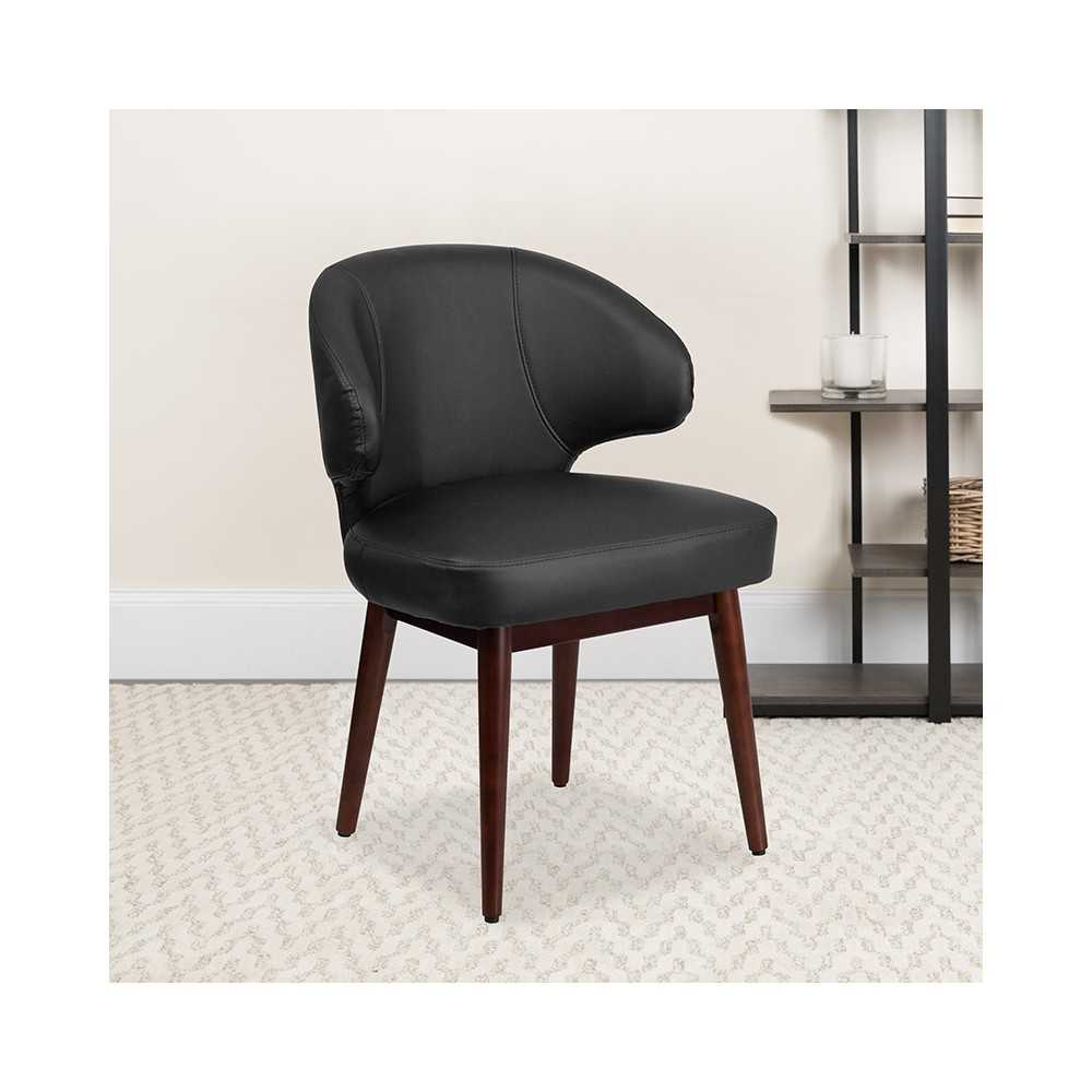 Comfort Back Series Black LeatherSoft Side Reception Chair with Walnut Legs