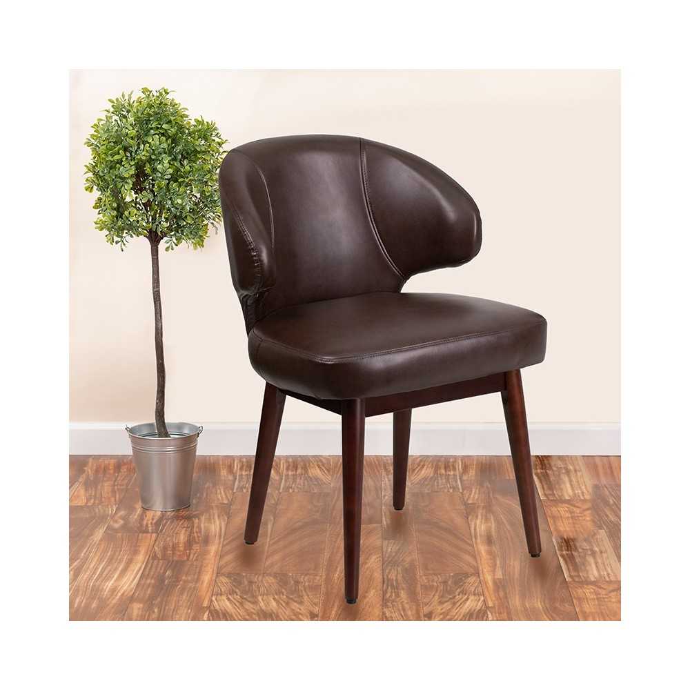 Comfort Back Series Brown LeatherSoft Side Reception Chair with Walnut Legs