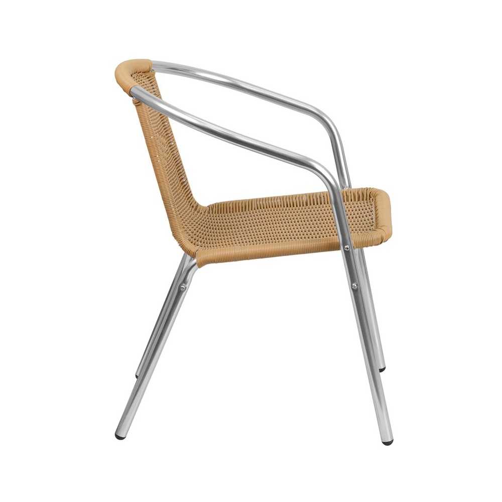 Commercial Aluminum and Beige Rattan Indoor-Outdoor Restaurant Stack Chair