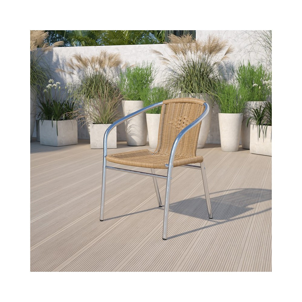 Commercial Aluminum and Beige Rattan Indoor-Outdoor Restaurant Stack Chair