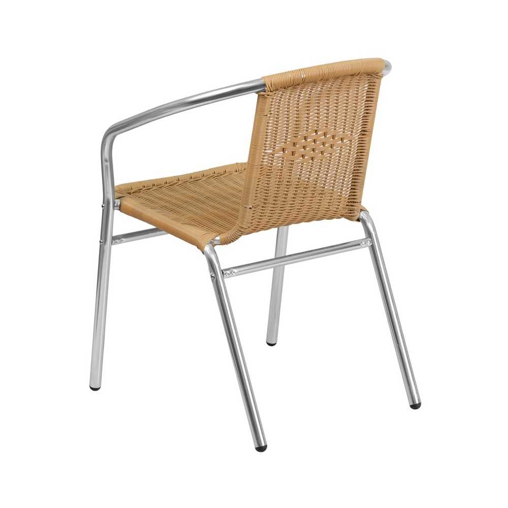 Commercial Aluminum and Beige Rattan Indoor-Outdoor Restaurant Stack Chair