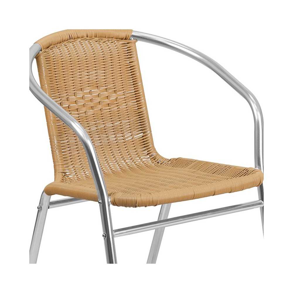 Commercial Aluminum and Beige Rattan Indoor-Outdoor Restaurant Stack Chair