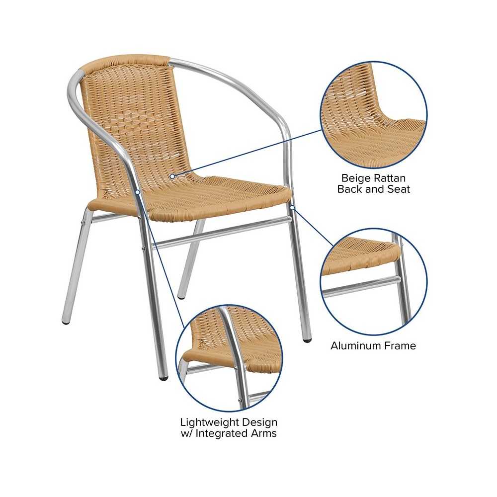 Commercial Aluminum and Beige Rattan Indoor-Outdoor Restaurant Stack Chair