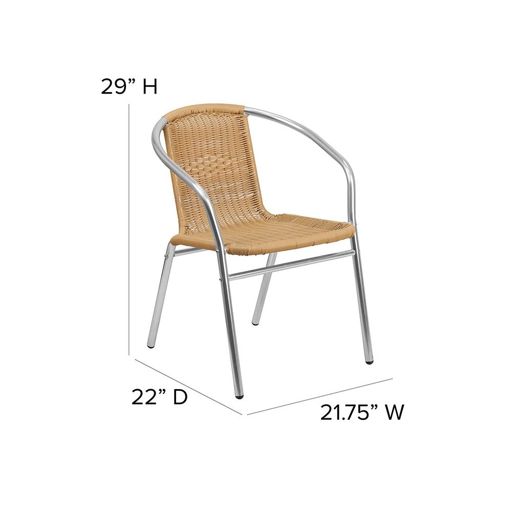 Commercial Aluminum and Beige Rattan Indoor-Outdoor Restaurant Stack Chair