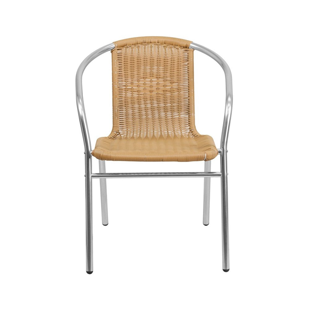 Commercial Aluminum and Beige Rattan Indoor-Outdoor Restaurant Stack Chair