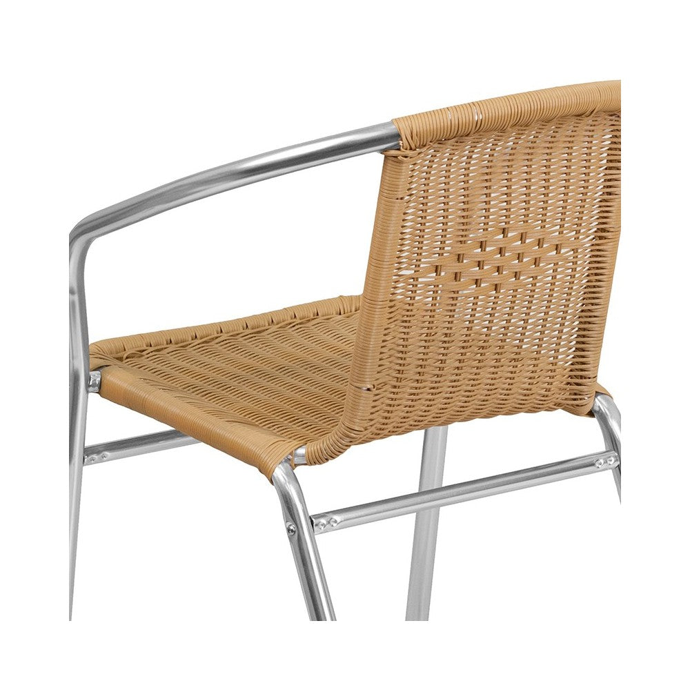Commercial Aluminum and Beige Rattan Indoor-Outdoor Restaurant Stack Chair
