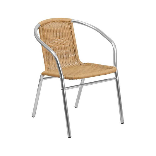 Commercial Aluminum and Beige Rattan Indoor-Outdoor Restaurant Stack Chair