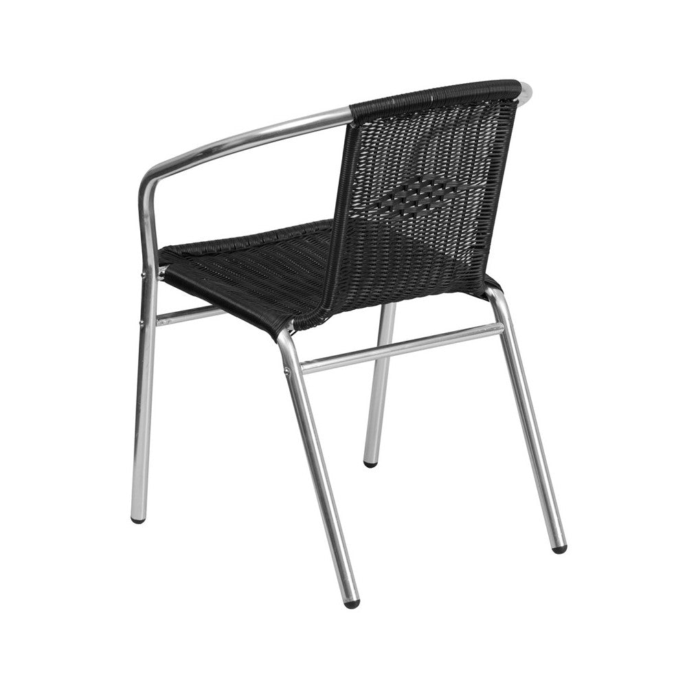 Commercial Aluminum and Black Rattan Indoor-Outdoor Restaurant Stack Chair