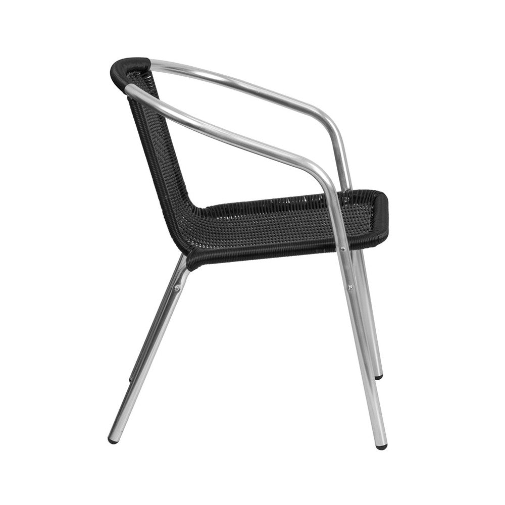 Commercial Aluminum and Black Rattan Indoor-Outdoor Restaurant Stack Chair