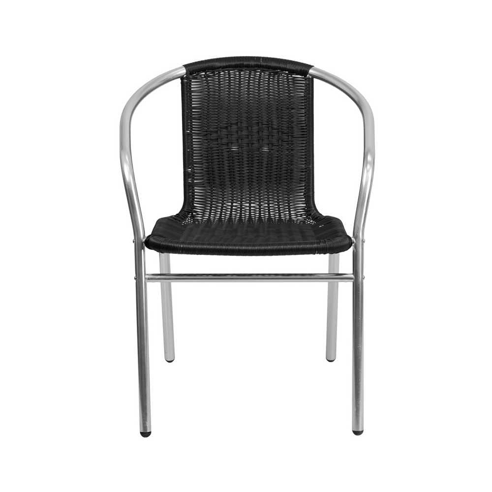 Commercial Aluminum and Black Rattan Indoor-Outdoor Restaurant Stack Chair