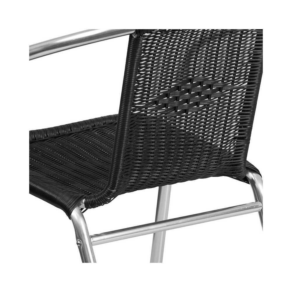 Commercial Aluminum and Black Rattan Indoor-Outdoor Restaurant Stack Chair
