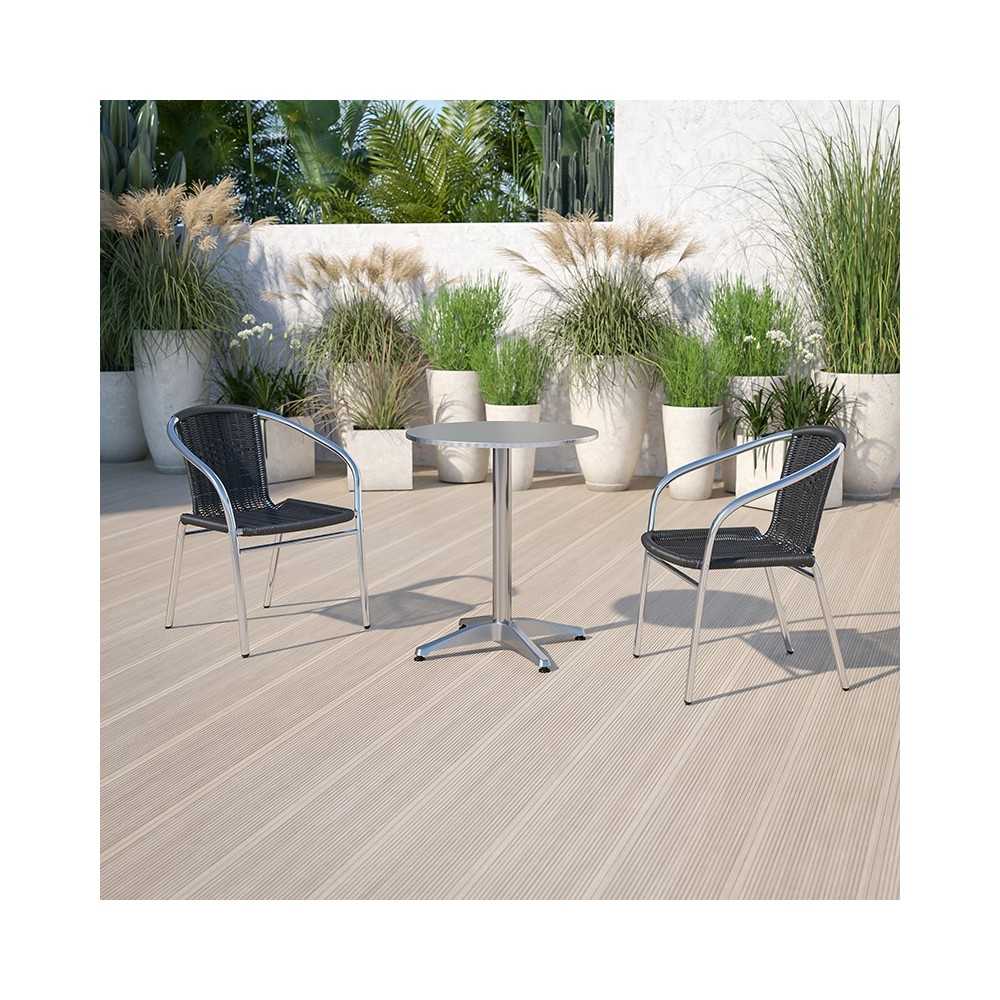 Commercial Aluminum and Black Rattan Indoor-Outdoor Restaurant Stack Chair