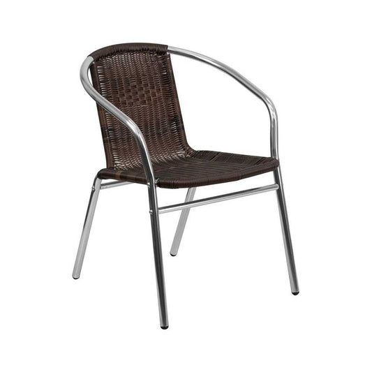 Commercial Aluminum and Dark Brown Rattan Indoor-Outdoor Restaurant Stack Chair
