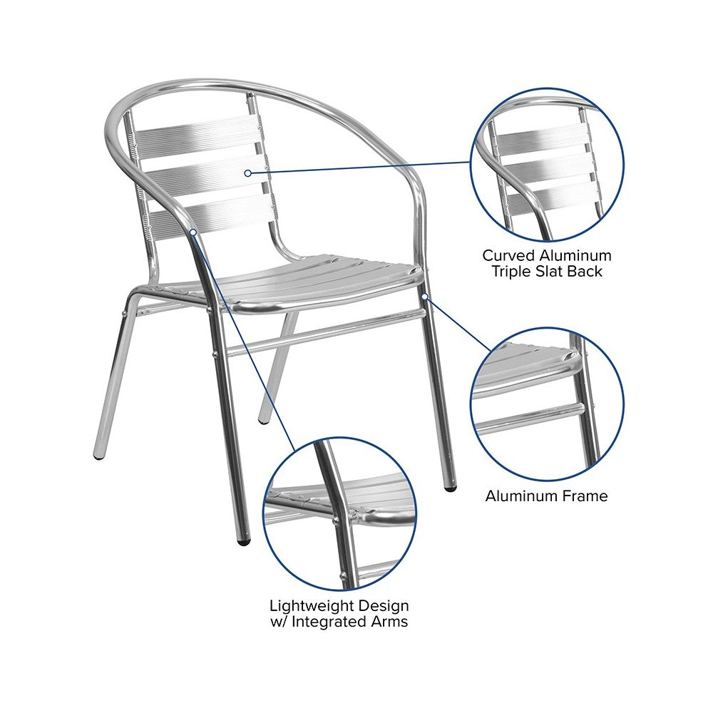 Commercial Aluminum Indoor-Outdoor Restaurant Stack Chair with Triple Slat Back and Arms