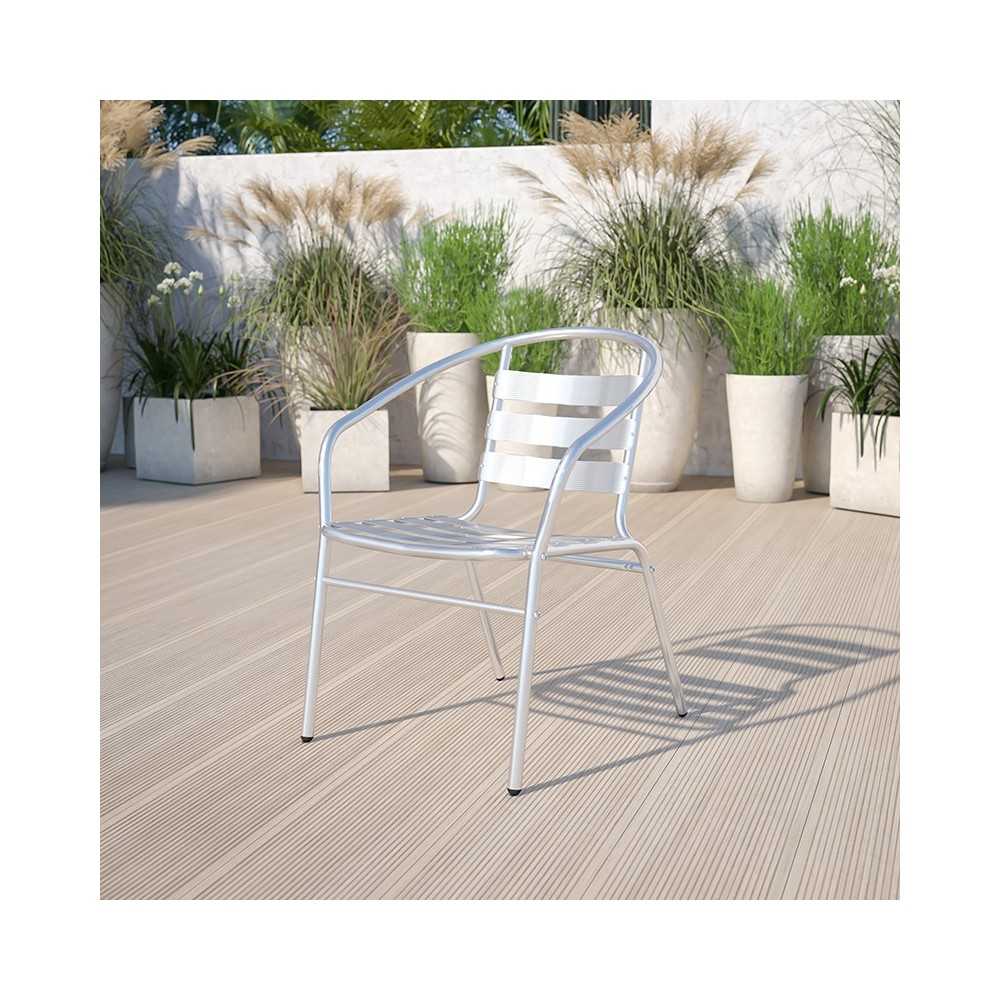 Commercial Aluminum Indoor-Outdoor Restaurant Stack Chair with Triple Slat Back and Arms