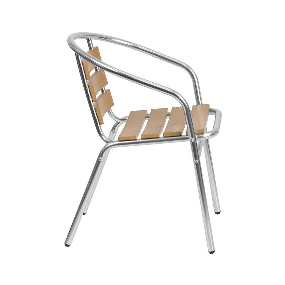 Commercial Aluminum Indoor-Outdoor Restaurant Stack Chair with Triple Slat Faux Teak Back