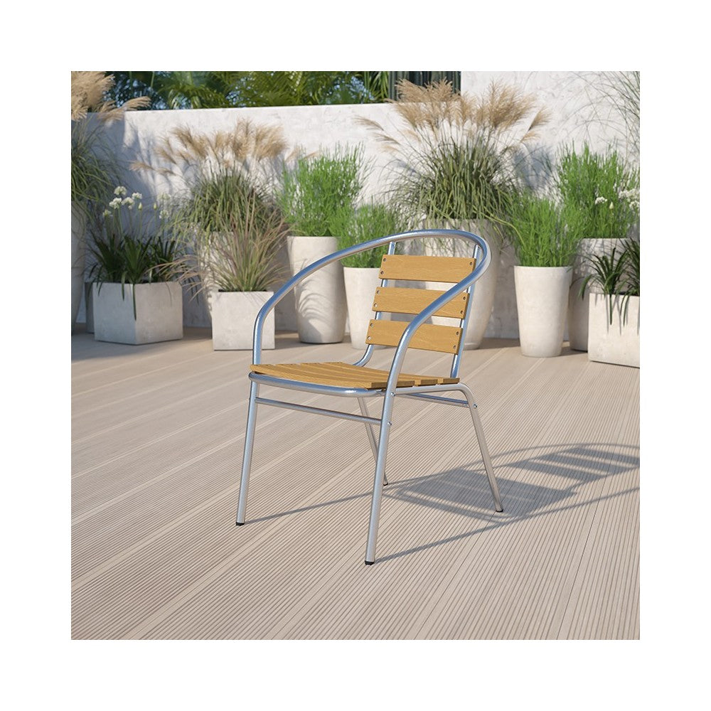 Commercial Aluminum Indoor-Outdoor Restaurant Stack Chair with Triple Slat Faux Teak Back