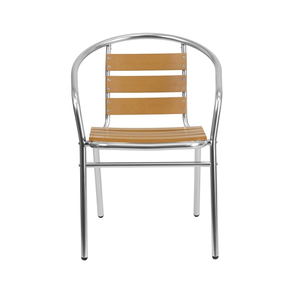 Commercial Aluminum Indoor-Outdoor Restaurant Stack Chair with Triple Slat Faux Teak Back
