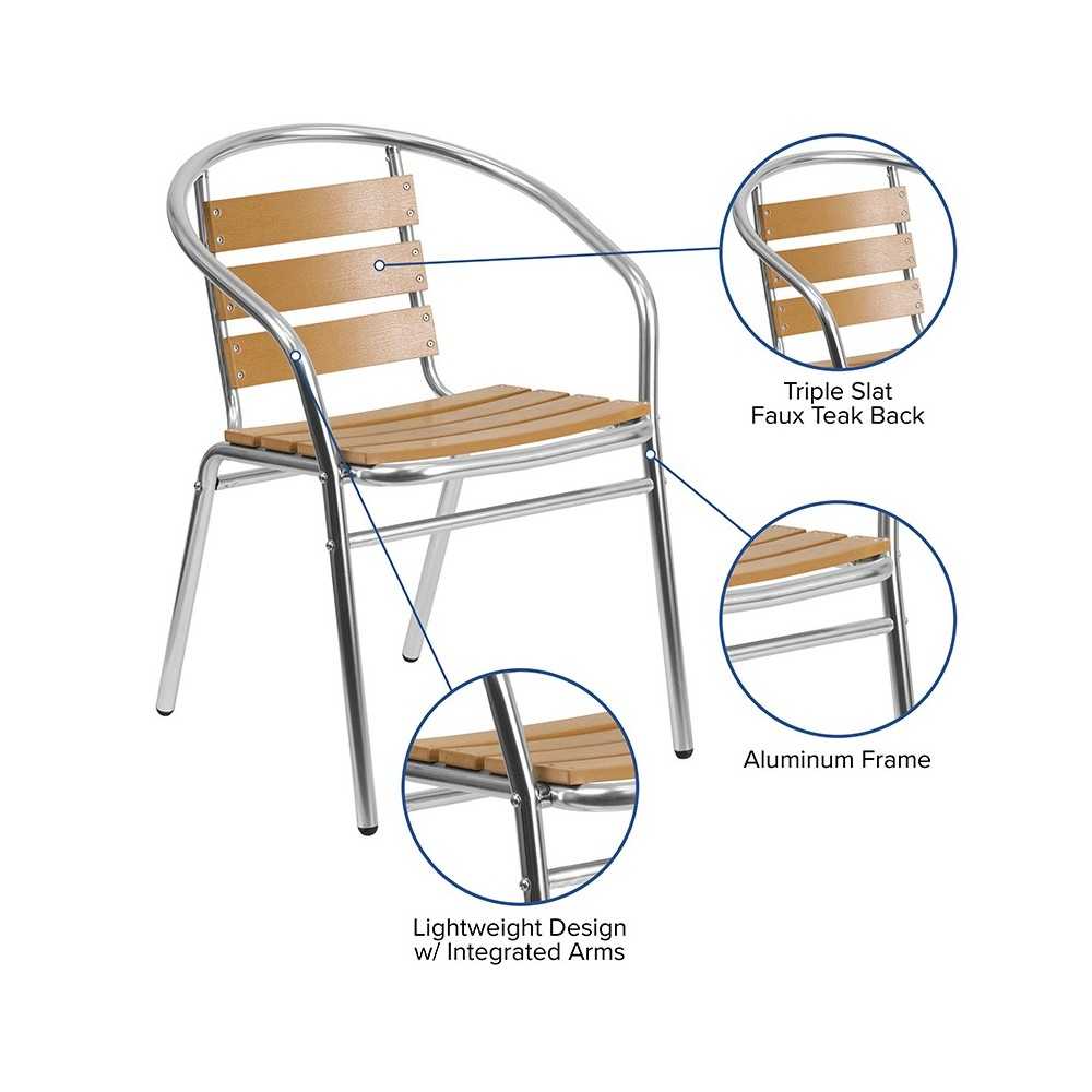 Commercial Aluminum Indoor-Outdoor Restaurant Stack Chair with Triple Slat Faux Teak Back