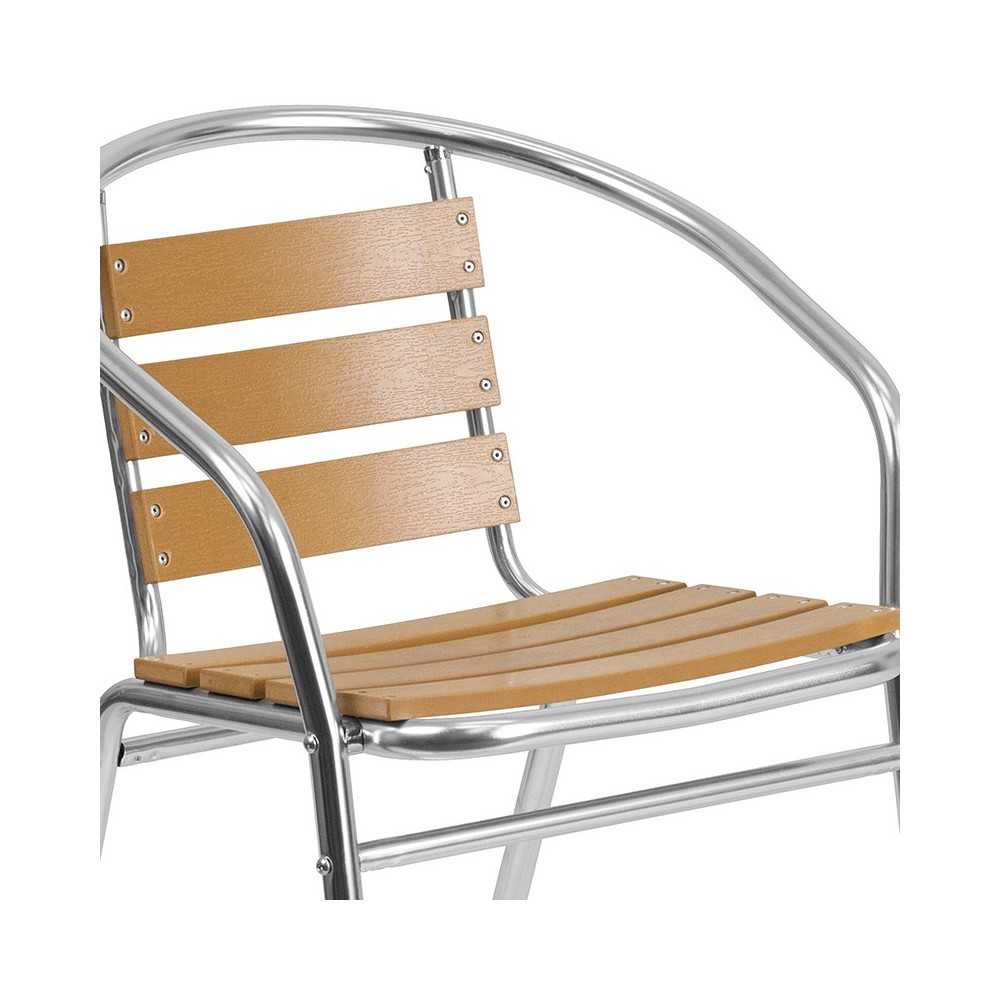Commercial Aluminum Indoor-Outdoor Restaurant Stack Chair with Triple Slat Faux Teak Back