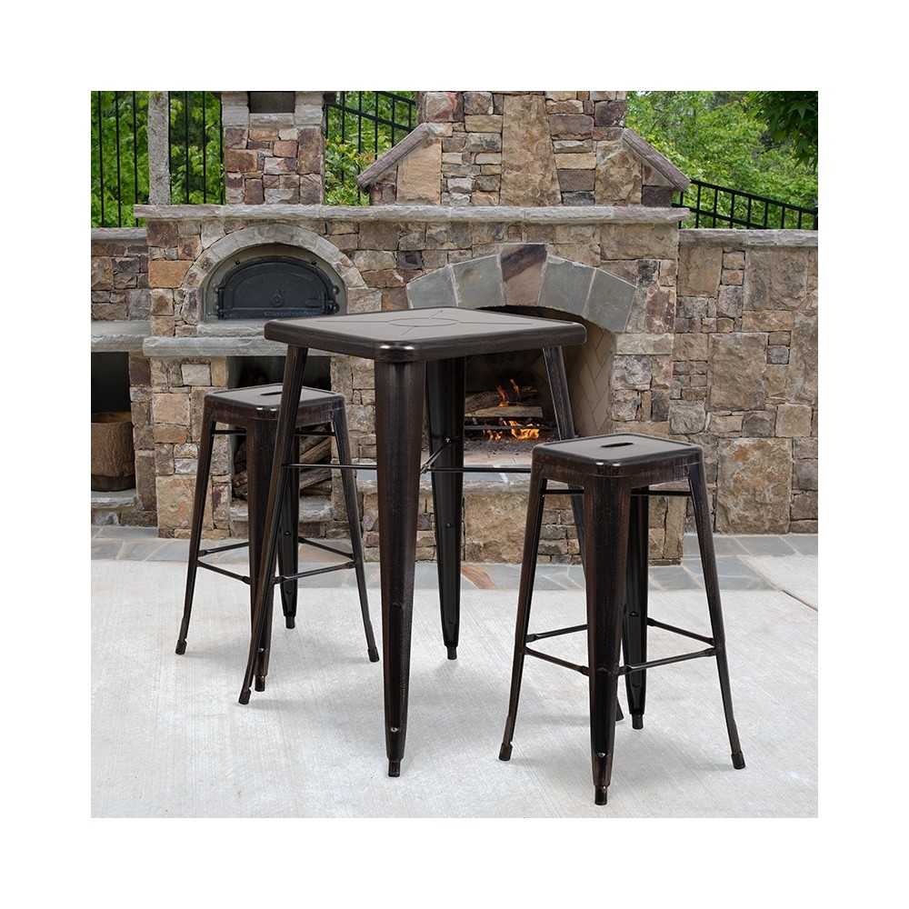Commercial Grade 23.75" Square Black-Antique Gold Metal Indoor-Outdoor Bar Table Set with 2 Square Seat Backless Stools