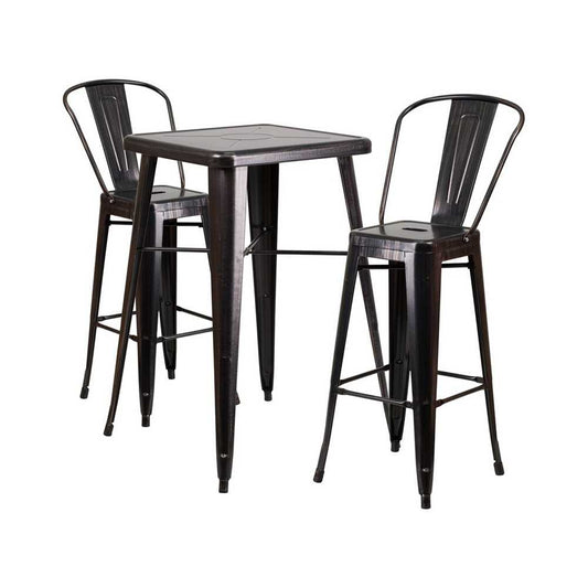 Commercial Grade 23.75" Square Black-Antique Gold Metal Indoor-Outdoor Bar Table Set with 2 Stools with Backs