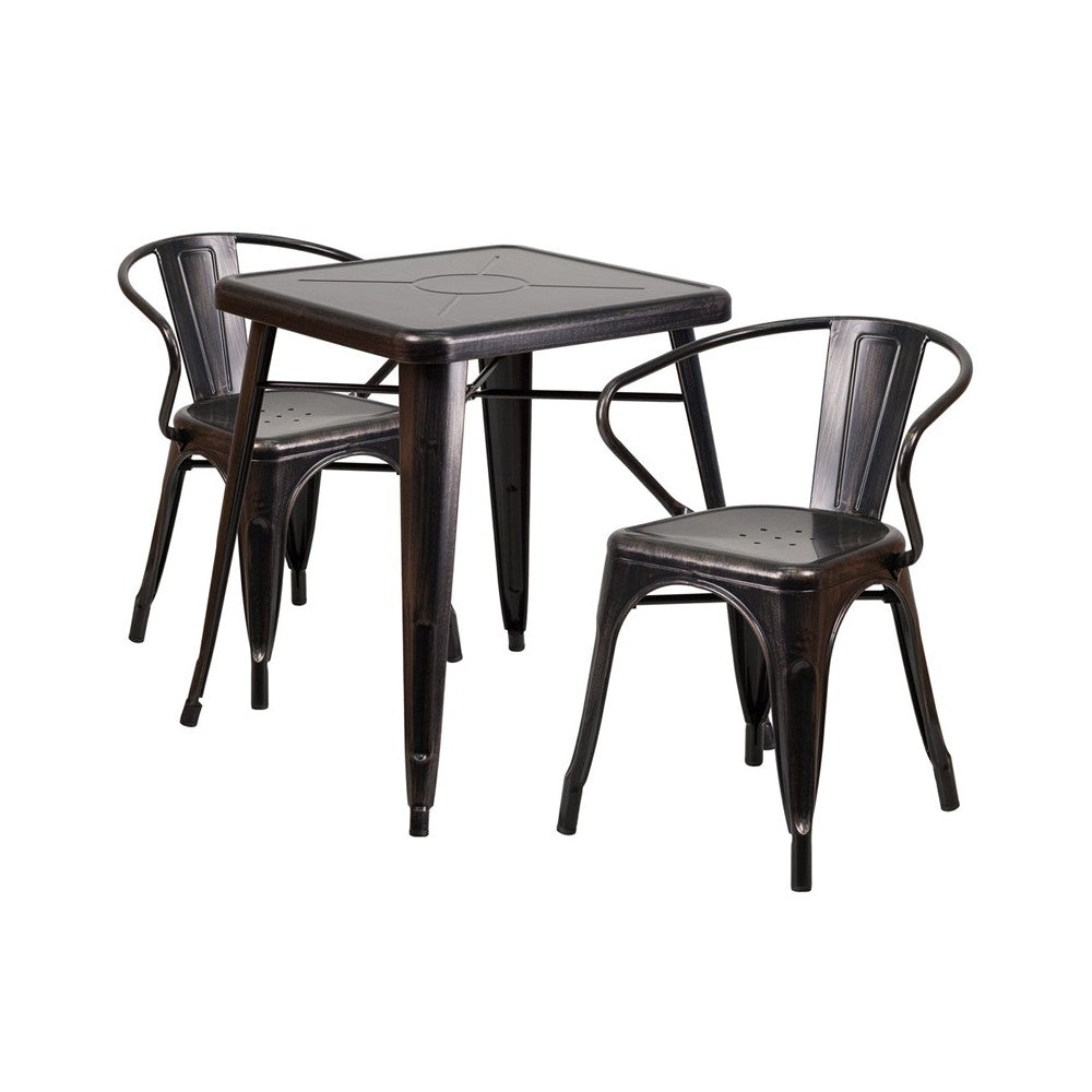 Commercial Grade 23.75" Square Black-Antique Gold Metal Indoor-Outdoor Table Set with 2 Arm Chairs