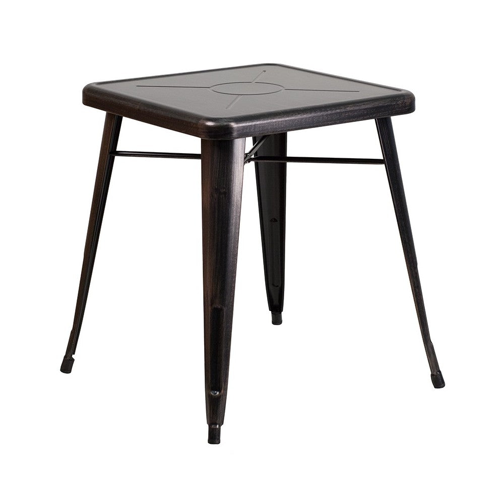 Commercial Grade 23.75" Square Black-Antique Gold Metal Indoor-Outdoor Table Set with 2 Stack Chairs