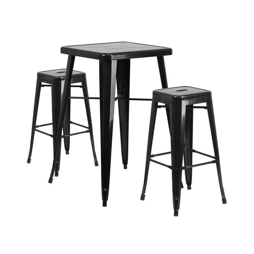 Commercial Grade 23.75" Square Black Metal Indoor-Outdoor Bar Table Set with 2 Square Seat Backless Stools