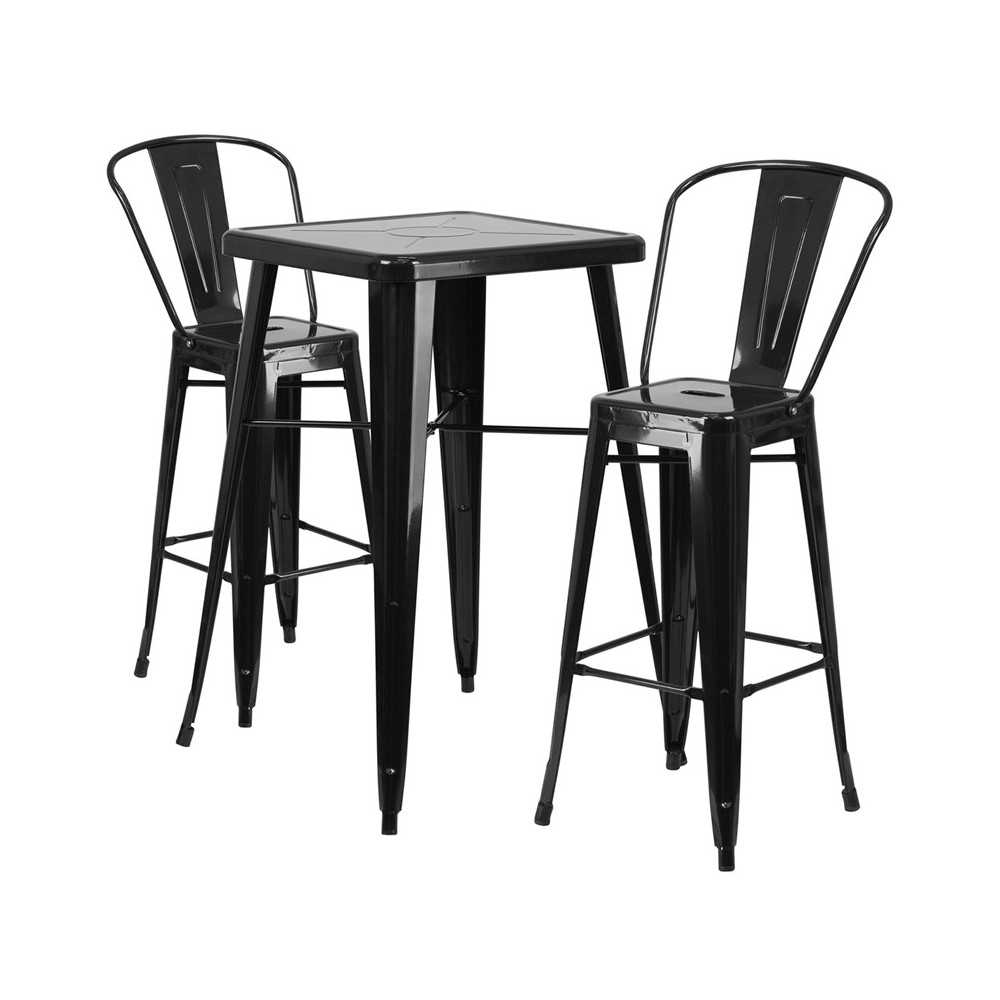 Commercial Grade 23.75" Square Black Metal Indoor-Outdoor Bar Table Set with 2 Stools with Backs